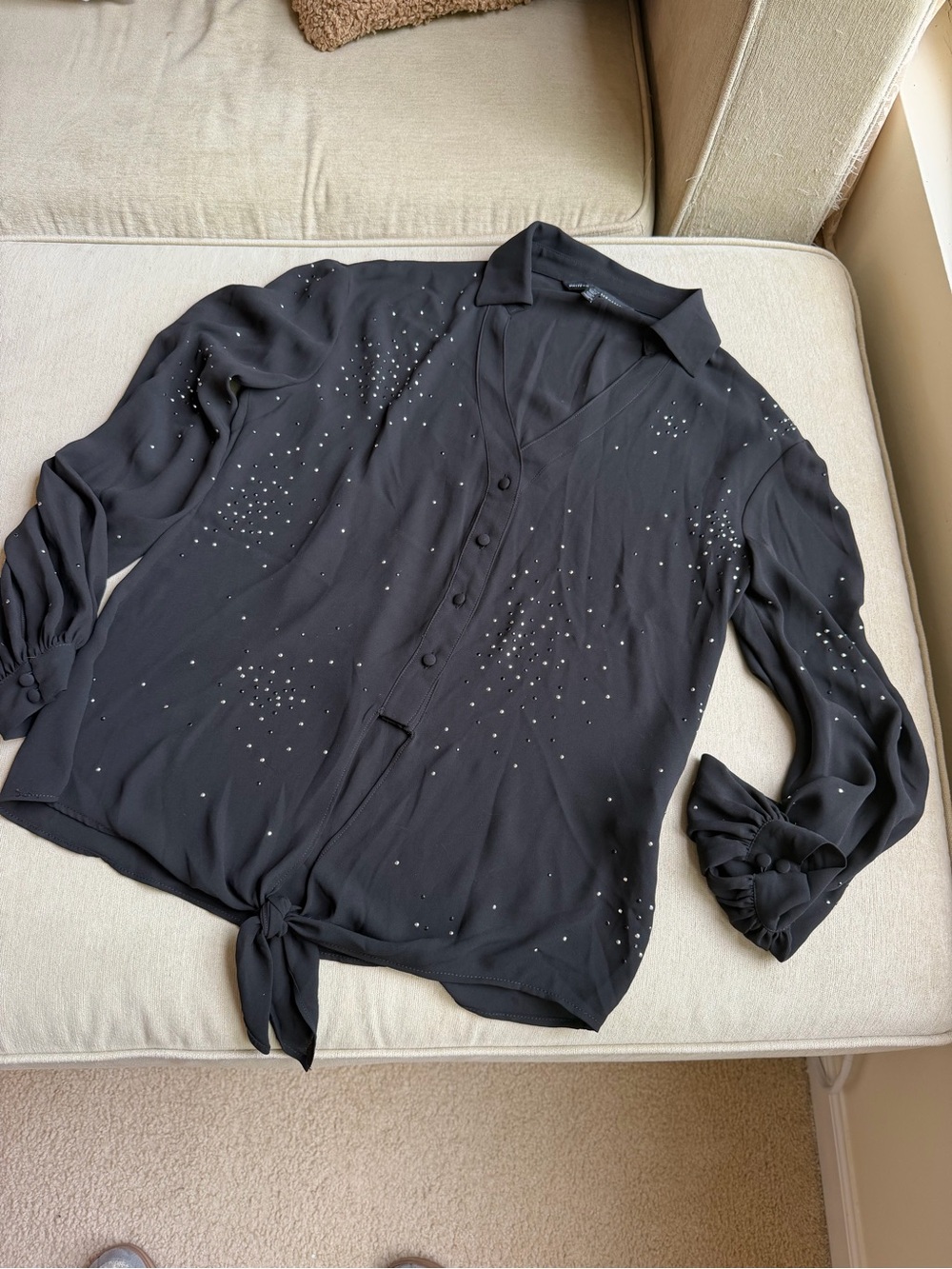 White House Black Market Black Button-Front Tie Shirt with Silver Studs